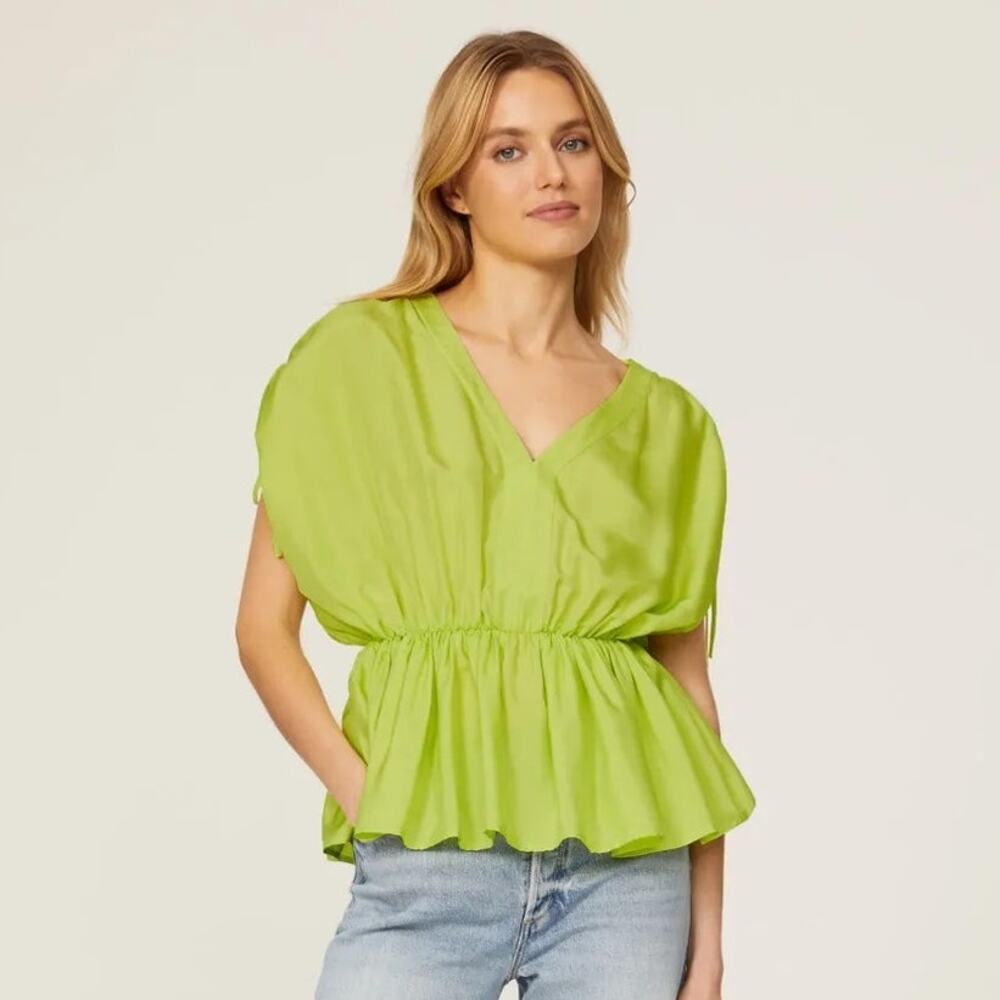 Trina Turk Gathered Waist Top Ruched Shoulders V-Neck Peplum Blouse Green XL